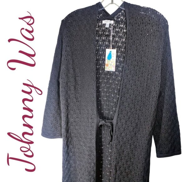 NWT JOHNNY WAS SELAH OPEN KNIT TIE FRONT DUSTER SWEATER BLACK, SMALL - Picture 4 of 10